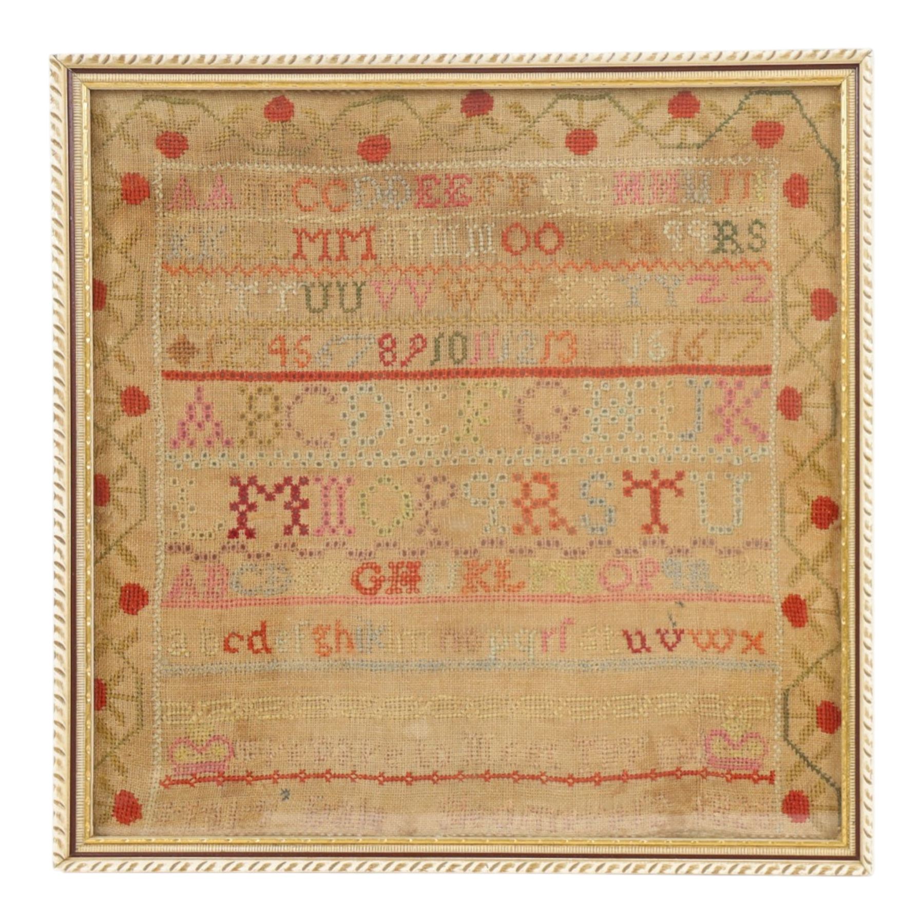 19th Century embroidered sampler of the alphabet sampler, dated 1826, H32cm, W32cm