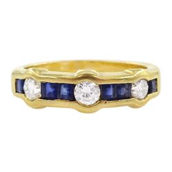 18ct gold round brilliant diamond and calibre cut sapphire half eternity ring, Sheffield 1996, total diamond weight approx 0.45 carat