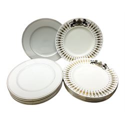 Seven Minton dinner plates, with gilt decoration and the Royal crest, together with six Royal Doulton plates in Paramount Gold pattern