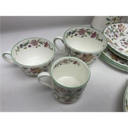Minton Haddon Hall part tea service, including teapot, covered sucrier, milk jug, six teacups and saucers of various sizes, covered preserved jar, to vases etc (38)