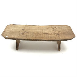 Mid to late century waney edge elm coffee table, arched solid end supports, W136cm, H43cm, D51cm