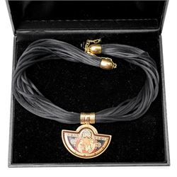 Michaela Frey gold plated and enamel suite of jewellery from the Greco-Roman collection, including a pair of oval stud earrings, hinged bangle and pendant on multistrand rope necklace, all boxed