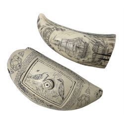 20th century resin carvings in the style of scrimshaws the first example depicting Ship Mercury, the other with a removable top, tallest example H10.5cm