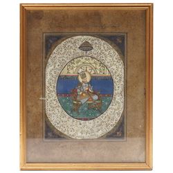 Four Mughal school watercolours, one pair depicting a couple upon thrones, an elephant procession and warriors in battle, largest 23cm x 38cm (4)
