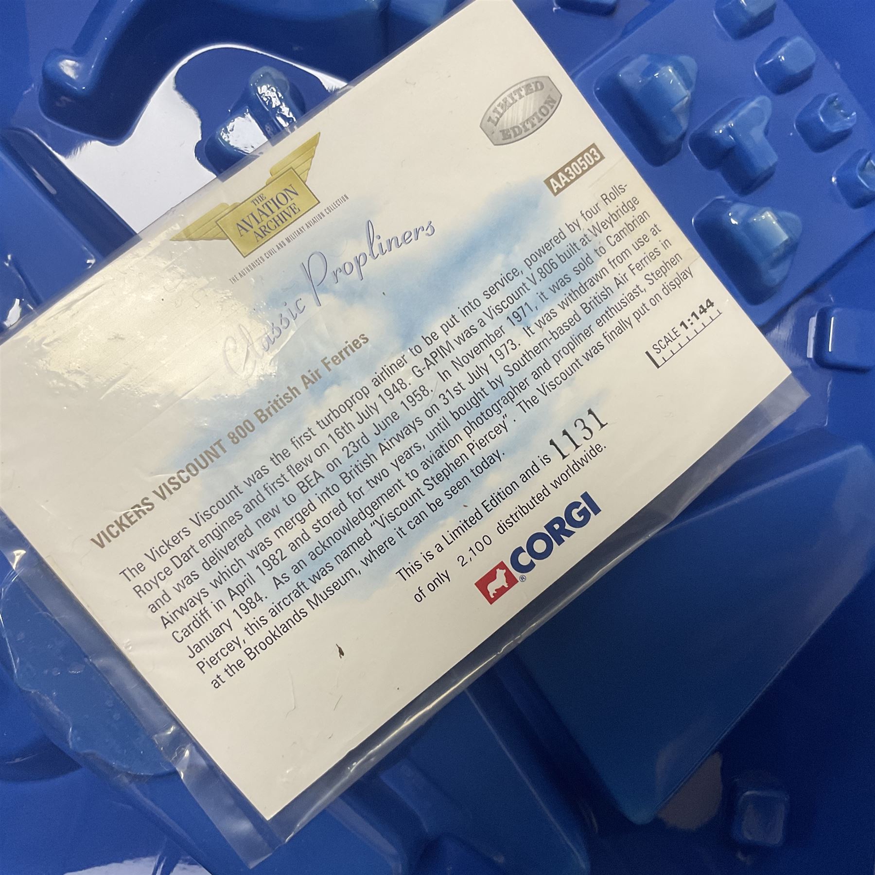 Corgi - Aviation Archive, eleven ‘Classic Propliners’ 1:144 scale models comprising Vickers Viscount models; 47601 700 Series British European Airways; 47602 Parcelforce; 47603 Continental Airlines; 47604 800 Series Lufthansa; 47605 700 Series British Eagle no.391/2900; 47606 806 Virgin Atlantic Airways; 47607 802 British European Airways; 47608 806 British Airways no.985/3000; 47609 836 British Midland Airways no.1530/2500; AA30501 800 Aer Lingus no.651/2100; AA30503 800 British Air Ferries no. 1131/2100; all boxed (11) 