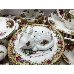 Royal Albert Old Country Roses pattern part tea and dinner service, including coffee pot, miniature teapot and stand, eight dinner plates, cake stand, sauce boat etc 