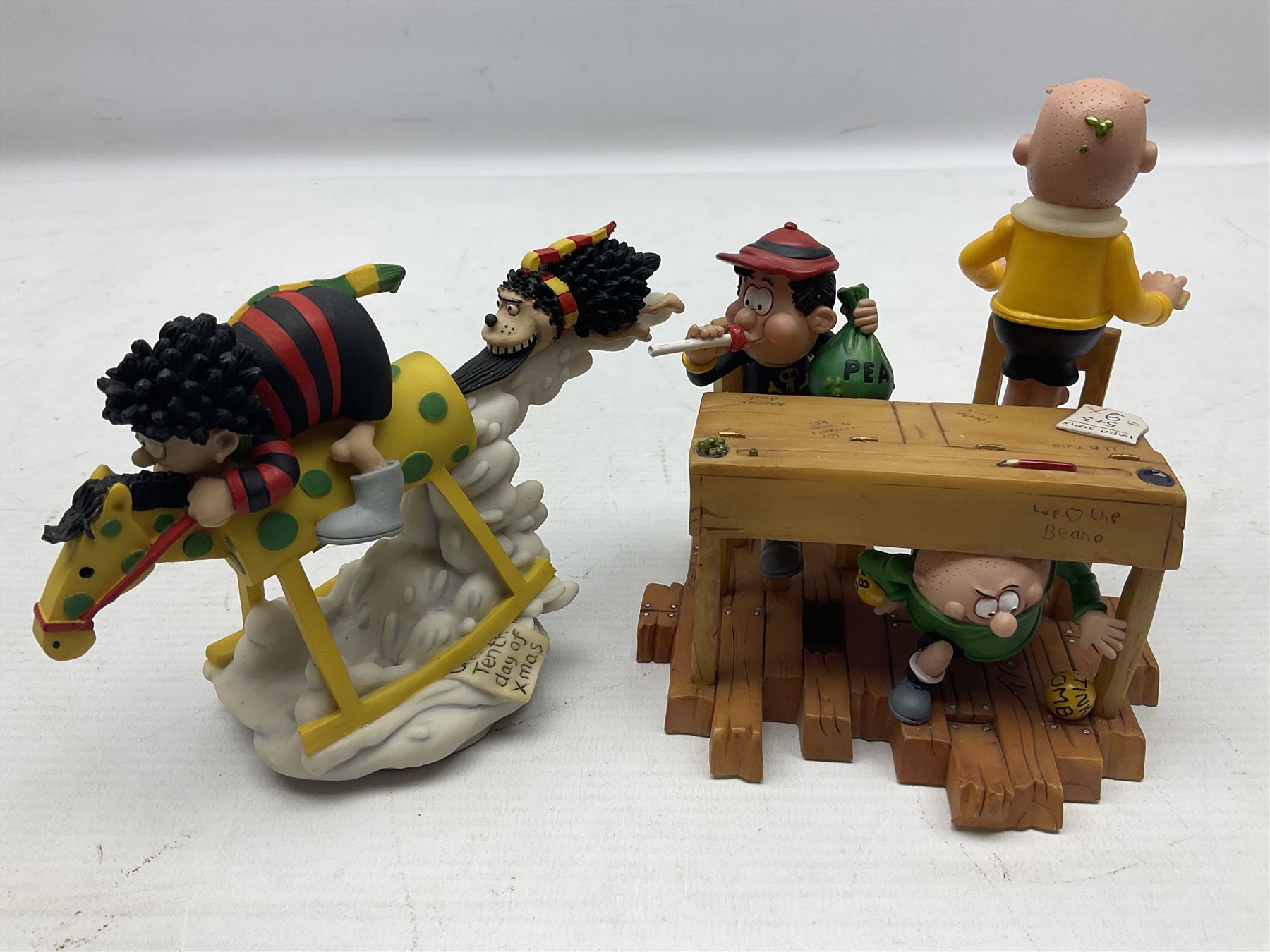 Seven limited edition Robert Harrop figures from the Beano Dandy collection, comprising The Beano Dandy Collection Bash Street Kids 50th Anniversary BSK50, Roger the Dodger's Dad You'd Better Be in There Roger!, two Desperate Dan Safe Cracker BDS13, The Beano Book Front Cover 1959 BDFC03, The Beano Book Front Cover 1973 BDFC01, some first editions, and Beano, Dandy Christmas 2013 The Beano Book 1975 The 10th Day of Christmas, no 137/200, BDCS13, all with boxes