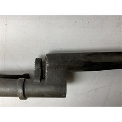 British Pattern 1876 socket bayonet with 43cm steel triangular blade L52cm overall; another socket bayonet with cruciform blade; No.4 Mk.II spike bayonet in metal scabbard with webbing frog; and 1955 Army jack knife by J.H. Thompson Sheffield (4)