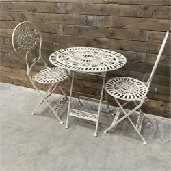 Cast metal bistro set including ornate oval garden table and two matching chairs