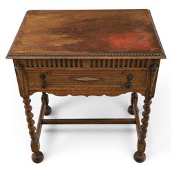 Early 20th century oak cased canteen on barleytwist stand, hinged top with fitted baized lined interior, above a drawer fitted for cutlery