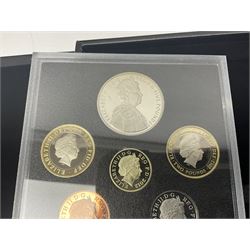 Mostly commemorative coinage, including various Queen Elizabeth II United Kingdom brilliant uncirculated fifty pence, two pound and five pound coins in card folders, The Royal Mint United Kingdom 2012 proof coin set, Alderney 2021 'Royal National Lifeboat Institution' five pound coin cover in Harrington and Byrne folder etc