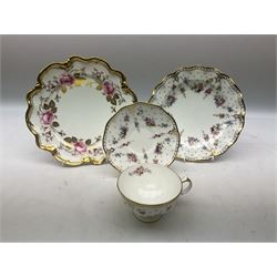 Coalport Revelry pattern tea and dinner wares, comprising nine dinner plates, four salad plates, eleven side plates, sauce boat and stand, ten teacups and ten saucers, and preserve pot and cover, together with a Coalport plate of shaped form decorated with pink roses, and a Royal Crown Derby Royal Antoinette pattern trio