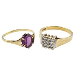 9ct gold diamond panel ring, hallmarked and a gold amethyst ring, stamped 9ct 
