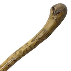 19th century walking stick, with pommel handle, engraved or pyrographed with seascapes, farmland, cattle and knights, H75cm