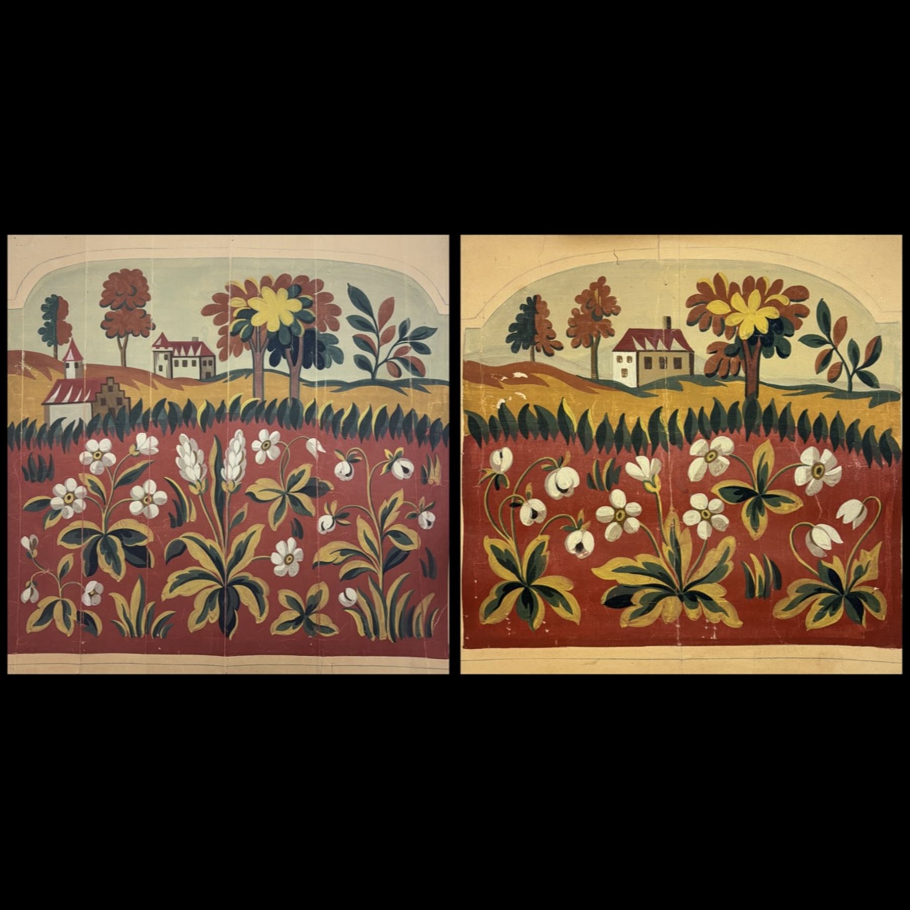Two French 19th century Aubusson tapestry templates or Cartoons, decorated with scenes of châteaux and flowers in watercolour and bodycolour, largest 47cm x 52cm (2) Provenance: purchased Robert Four gallery, Paris, 2012. 
Notes: Templates such as these demonstrate the original vibrancy of tapestries that would have faded over time. After being pinned and used as a reference by the weavers, they would be stored. Very few remain. 