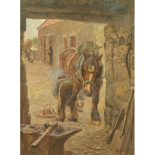  James William Booth (Staithes Group 1867-1953): 'The Village Smithy', oil on canvas signed and dated 1936, James Bourlet and artist's original address/title label verso 101cm x 75cm  DDS - Artist's resale rights may apply to this lot    