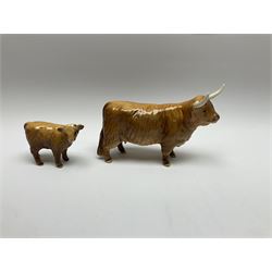A Beswick model of Highland cow model no 1740, H13cm, and Beswick model of a Highland calf model no 1727d, H7.5cm, both with printed mark beneath.