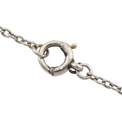 Edwardian silver, gold and platinum amethyst and diamond pendant, oval cut amethyst with old cut and rose cut diamond surround, suspending a pear cut amethyst, on platinum trace link chain necklace