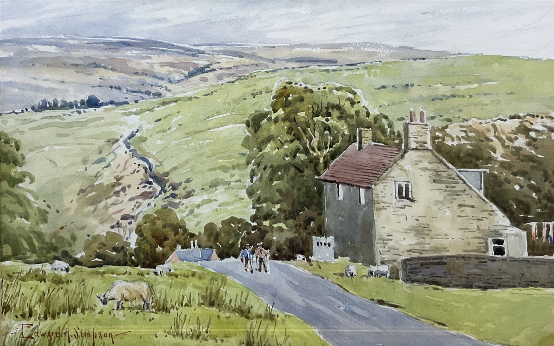 Edward H Simpson (British 1901-1989): Folkton Village Main Street and Hiking through the North Yorkshire Moors, two watercolours signed max 36cm x 52cm (2)