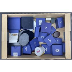 Swarovski Crystal paperweights, to include a globe with dove to the top, pyramid shapes etc, together with a large collection of boxes and stands  