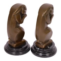 After André Bizette-Lindet - pair of Art Deco style bronze rabbits of graduating size, bearing signature and foundry stamp, largest H17cm
