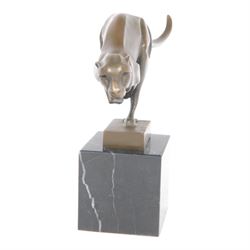Bronze figure, modelled as a running cheetah, with foundry mark, raised upon a marble base, H20cm
