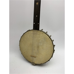 J E Brewster London Universal Favourite fretless banjo with inlaid fingerboard, impressed maker's marks and serial no.769, L90cm