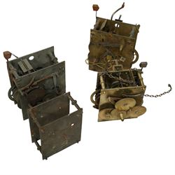 An 8-day longcase clock movement with a painted dial and various 8-day and 30-hour long case movements, dials, parts, plates, chains, and two lead weights, sold as incomplete for parts and restoration projects. 