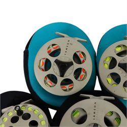 Five Lamson Litespeed fly reels, comprising LS4, two LS2, two LS3.5, all within Lamson soft pouches