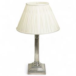  Edwardian Silver Corinthian column table lamp, the stepped square base with gadrooned bor...