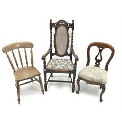 Early 20th century oak barley twist armchair, shaped and carved cresting rail, cane back, upholstered seat, turned supports joined by stretchers (W57cm) and two other chairs