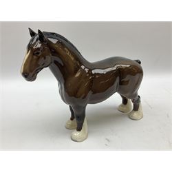 Royal Doulton ‘Troy’ racehorse figure on wooden plinth and two Beswick bay Shire horses, all stamped beneath