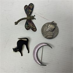 Silver guilloche enamel moon brooch, micro mosaic brooch, Ronson table lighter and a pair of opera glasses in velvet case, etc