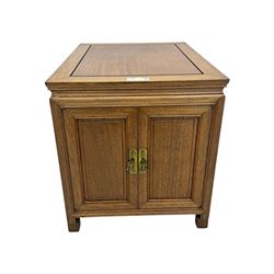 Chinese hardwood end table, rectangular form fitted with double cupboard, enclosed by panelled doors, on scroll carved supports (W51cm, H56cm, D66cm); Chinese hardwood end table, rectangular form fitted with single drawer over under tier (W51cm, H56cm, D66cm)