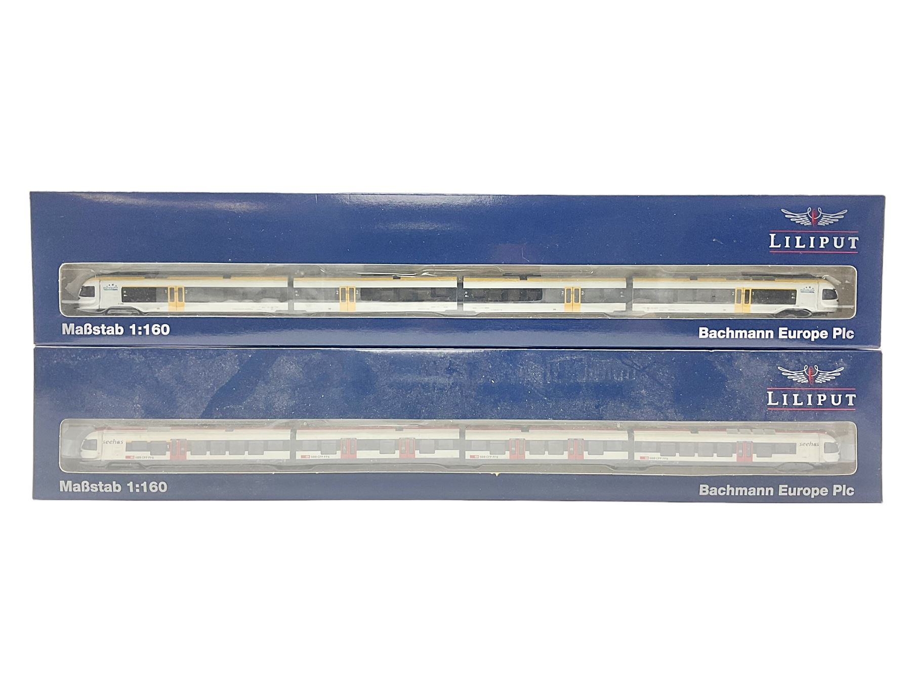Bachmann Liliput 'N' gauge - two Regionaltriebwagen FLIRT four-car trains for Eurobahn and Seehas; both boxed (2)