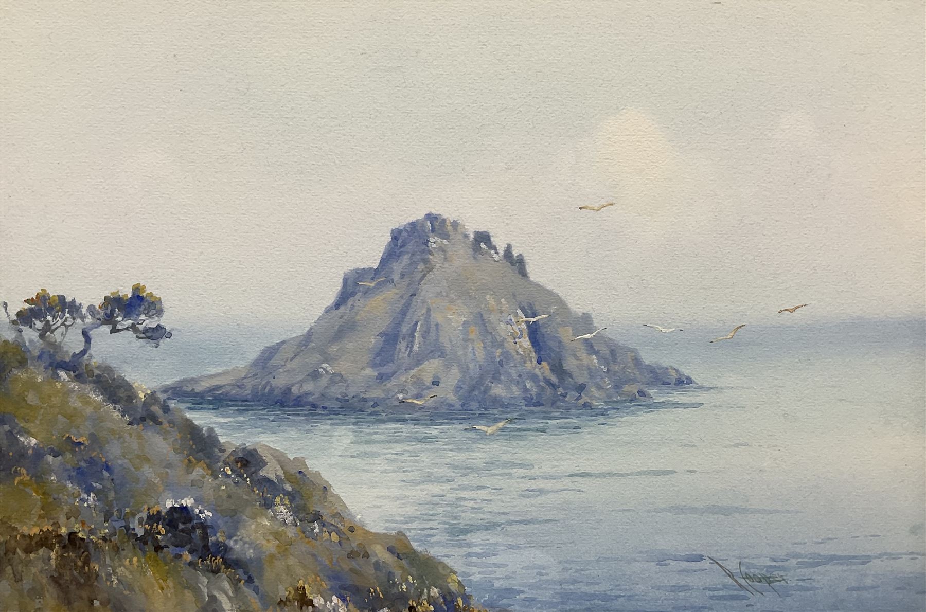 Reginald Cooper (British 20th century): Seagull Island, watercolour and gouache signed, labelled verso 25cm x 37cm