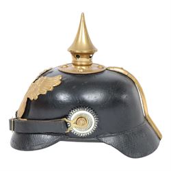WWI Prussian M1895 Pickelhaube, Infantry 48 3rd battalion, the black leather skull with brass spike finial, brass eagle helmet plate and leather chin strap, one side with a black cockade, with leather lining  marked JR48 