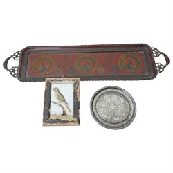 Indian tray from the contents of Worksop manor, reverse glass painting of a parrot, and plate