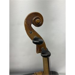 Late 19th century Saxony violin with 36cm one-piece maple back and ribs and spruce top; bears label 'Josef Klotz in Mittenwalde Anno 1795' L60cm overall; in ebonised wooden 'coffin' case