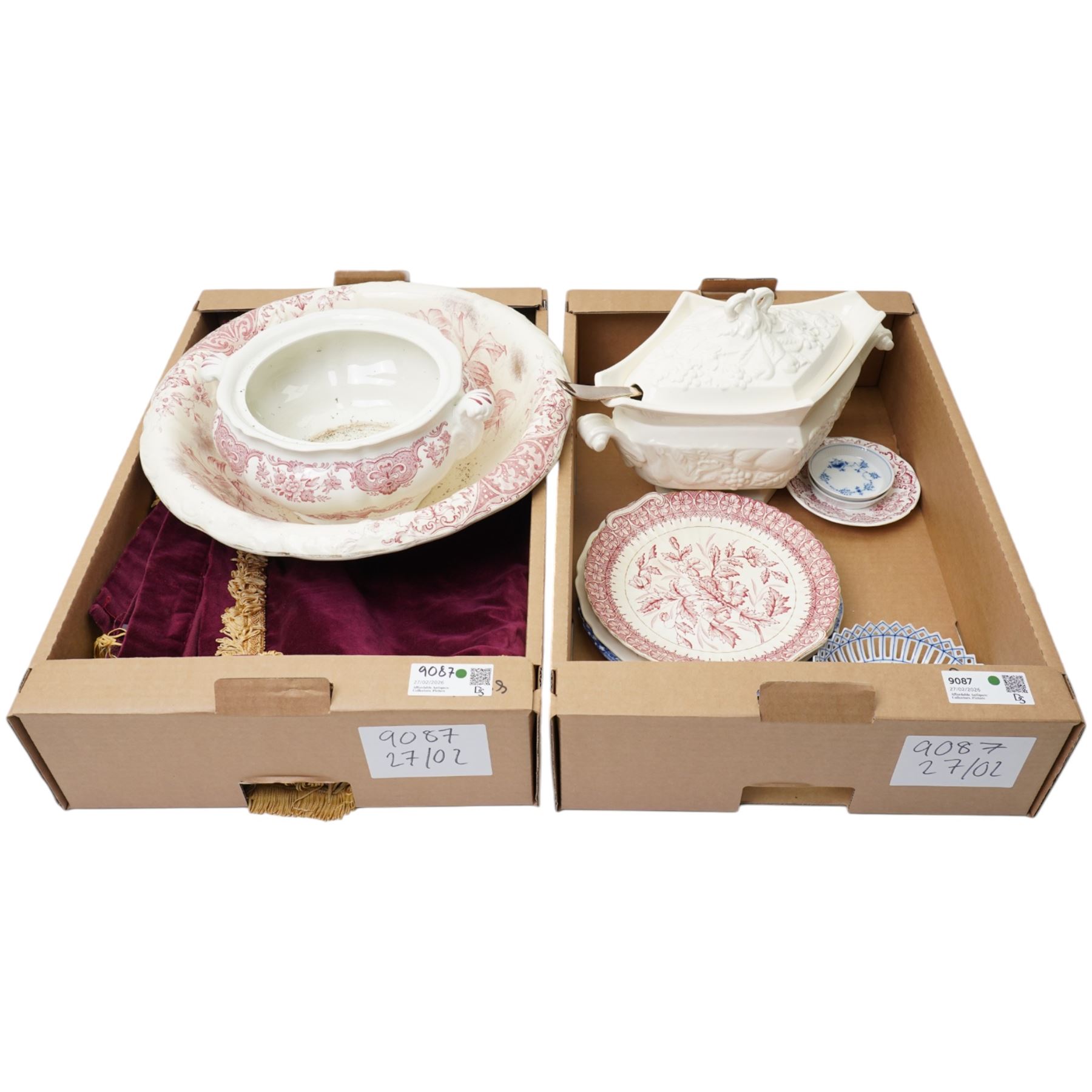 Large burgundy velvet table cover with gold fringe, together with a collection of mixed tableware including a Royal Worcester Crown Ware tureen, etc