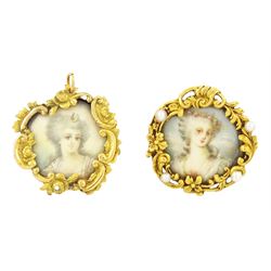 19th century gold pearl portrait brooch and similar pendant, each set with a miniature of ...