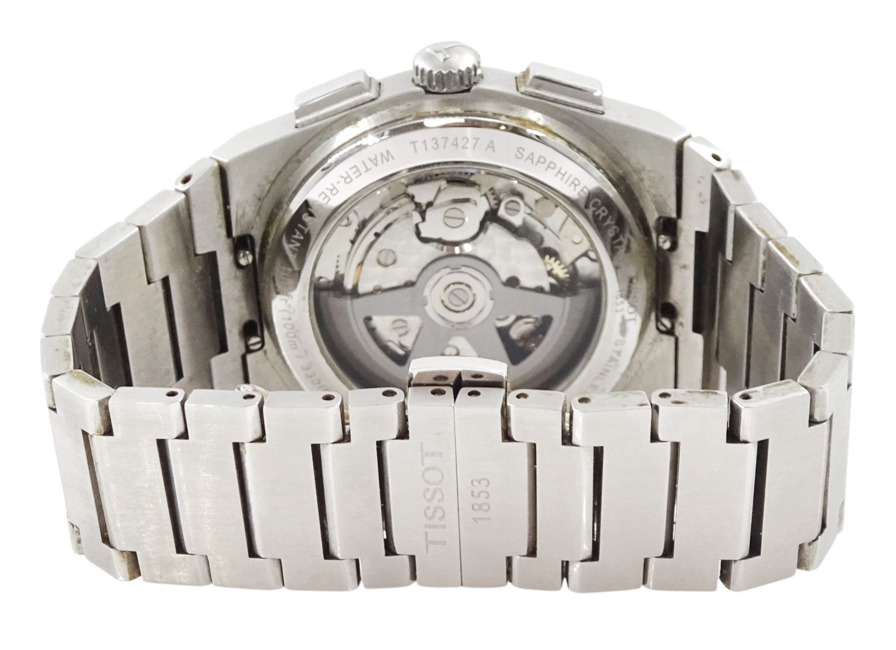 Tissot PRX gentleman's stainless steel automatic chronograph wristwatch, Ref. T137.427.11.011.00, silvered white dial with black subsidiary dials and date aperture, on stainless steel bracelet, boxed with additional links and invoice dated 2022
