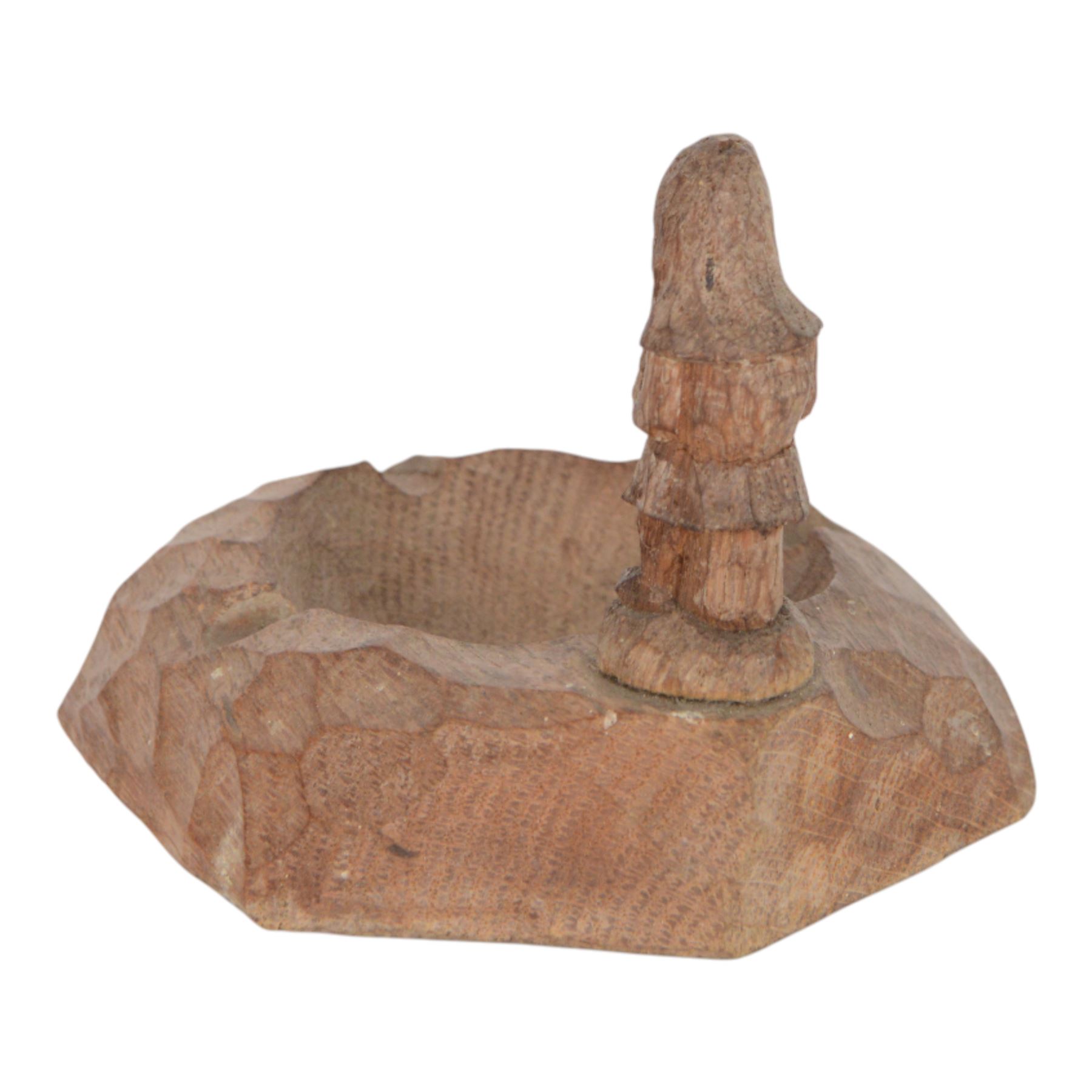 Gnomeman - tooled oak ashtray, hexagonal form with carved standing gnome signature, by Thomas Whittaker of Littlebeck, W12cm