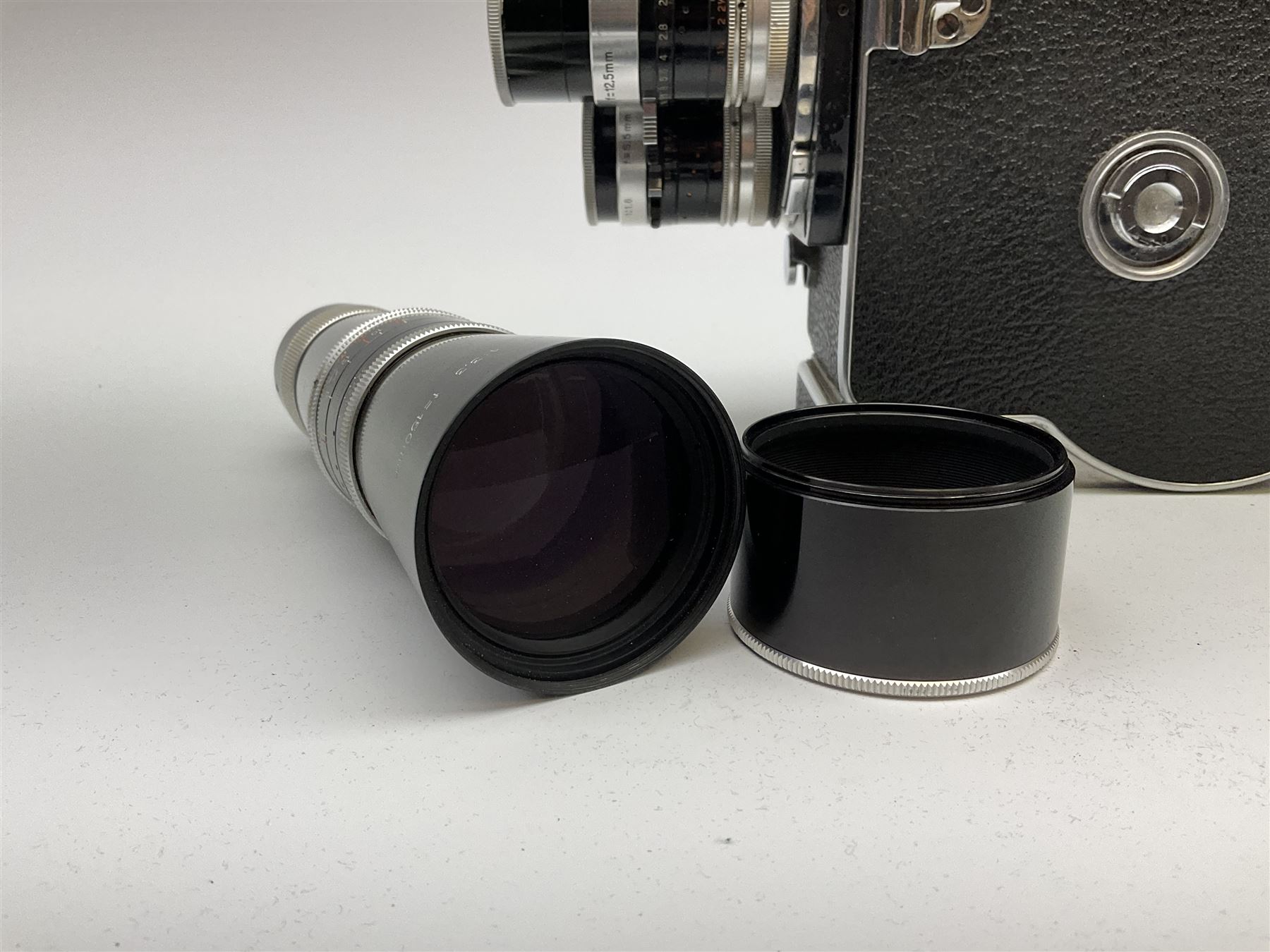 Bolex H8 Reflex 8mm cine camera with handgrip and turret for interchangeable lenses, KERN macro-switar 1:1,4 f=36mm H8 RX lens, KERN macro-switar 1:1,3 f=12,5mm H8 RX lens, KERN macro-switar 1:1,6 f=5,5mm H8 RX lens, KERN MACRO-YVAR 1:3,3 f=150mm lens 