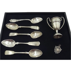  Small silver trophy, hill climb medal and various teaspoons, all hallmarked approx 5oz  