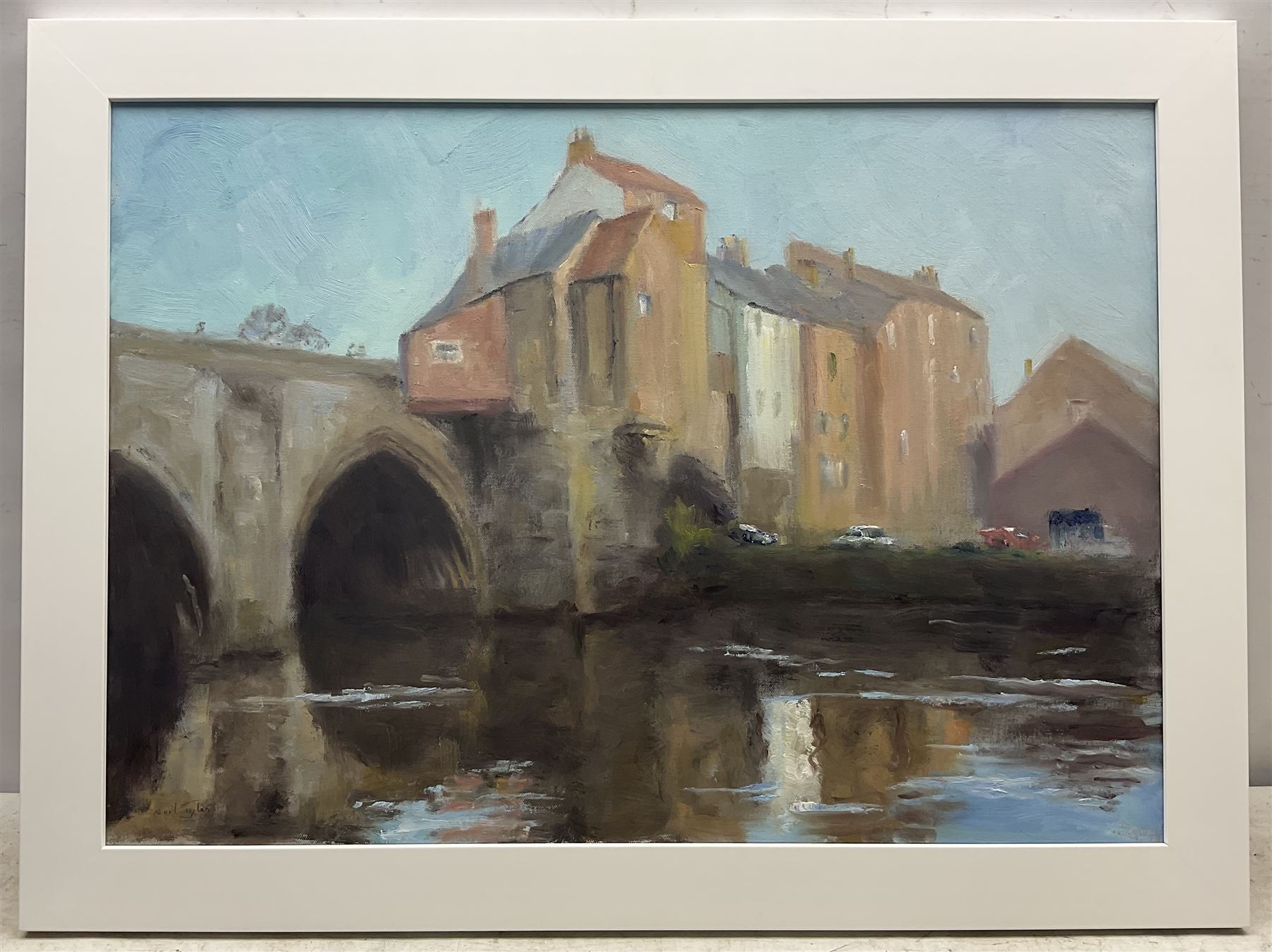 Neil Tyler (British 1945-): 'Elvet Bridge Durham', oil on canvas signed, titled verso 49cm x 69cm