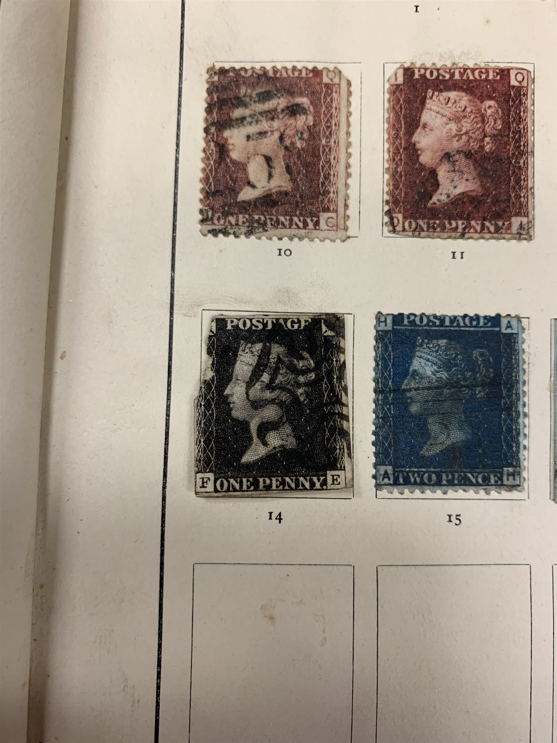 Great British and World stamps including two Queen Victoria penny black stamps, both with black MX cancels, King George V seahorse stamp,  World stamps including Austria, Belgium, Cyprus, Finland, France, Gibraltar, Italy, Hong Kong etc, in two albums and loose and a small number of mixed coins