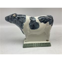 Six Rye Pottery figures, comprising, jumping fox, squirrel upon a branch, billy goat, bull, chicken and cockerel  