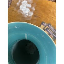 19th century Chinese famille rose yellow ground porcelain vase, of baluster form with twin applied mask ring handles, the body decorated with two shaped reserves mounted with dragon heads, depicting warriors at battle and at court, the neck with two smaller conforming figural reserves, upon a yellow ground decorated with exotic birds amidst scrolling blossom, H45.cm