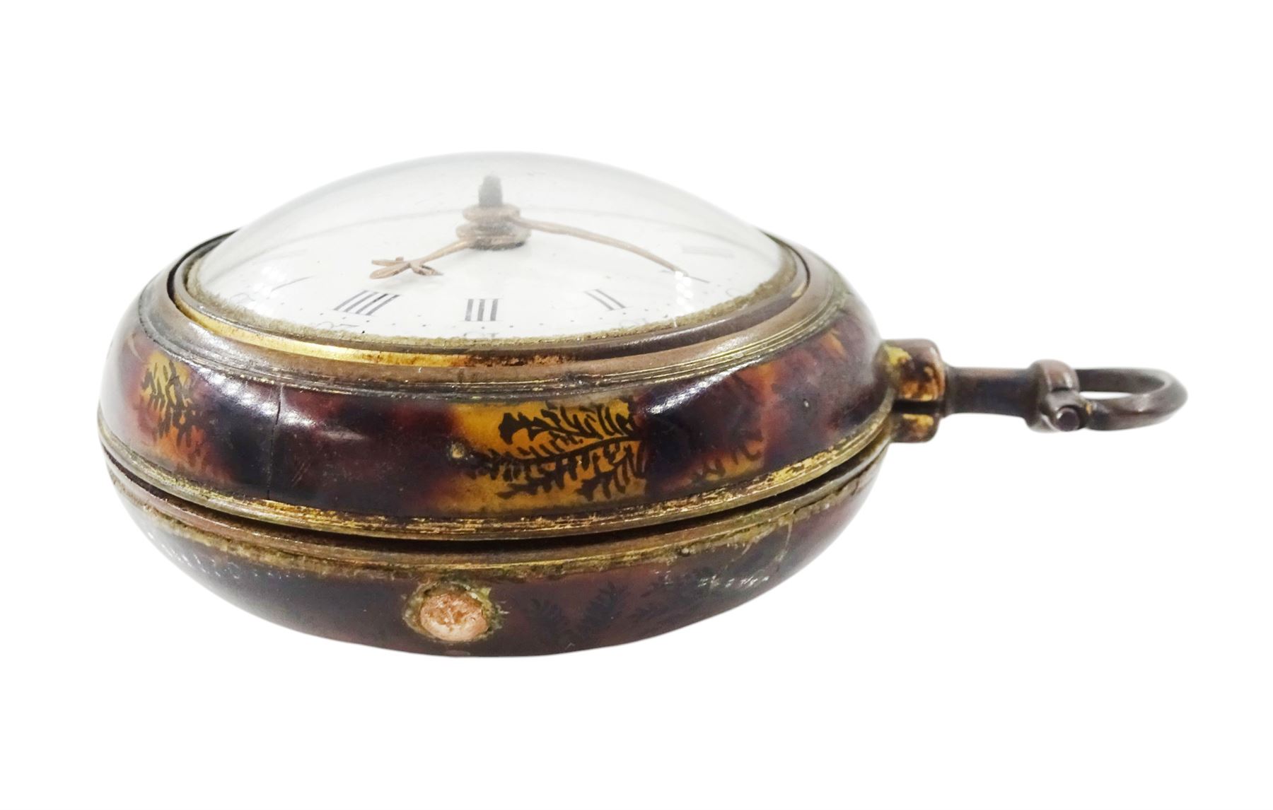 George III gilt and tortoise shell pair cased verge fusee pocket watch by Samuel Corbett, Hadleigh, No. 583, pierced and engraved balance cock, white enamel dial with Roman hours and outer Arabic minute ring, the tortoiseshell outer case painted with fern decoration